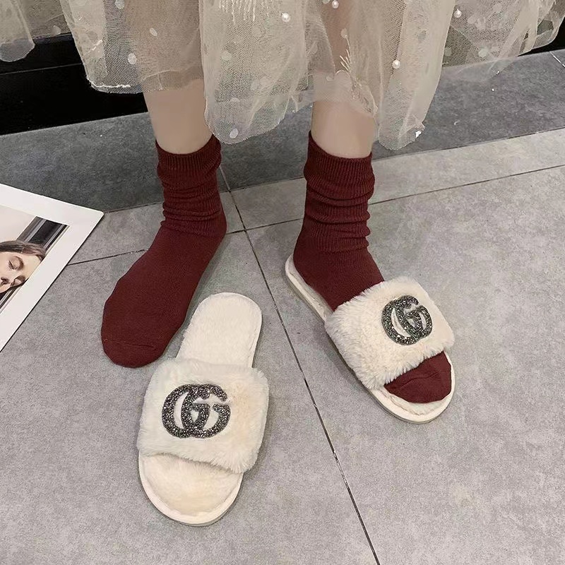White-Gucci fur slippers