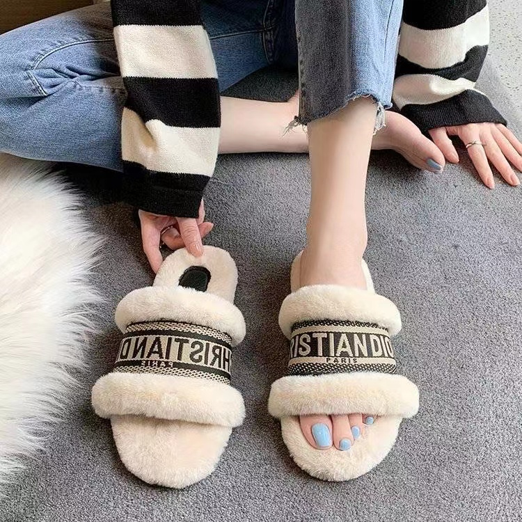 White-Dior fur slippers